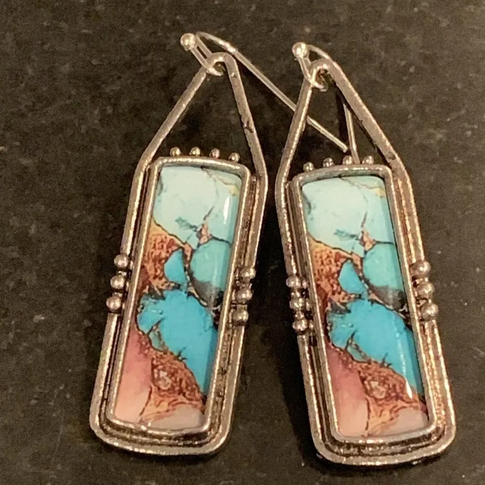 Western Marbled Kingman Style Rectangle Drop Earrings - Turquoise and Brown Colo
